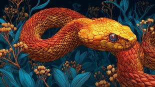 橙红花纹蛇盘踞绿植间