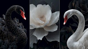 黑白天鹅与花卉艺术照