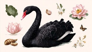 黑天鹅与花卉水生植物图景