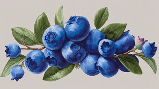 水彩绘蓝莓与绿叶枝头