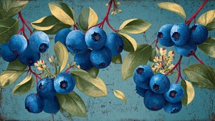 蓝果绿叶的清新蓝莓插画