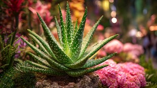 翠绿芦荟绽于缤纷花草间