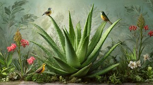 芦荟旁的多彩小鸟与花卉