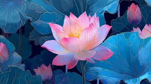 梦幻粉荷绽放于蓝叶间