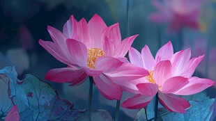 两朵娇艳盛开的粉色荷花