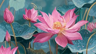 绽放的粉色荷花与荷叶