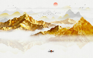 日本画　山水画　金箔背景 金箔山水画背景墙设计图__PSD分层素材_PSD分层素材_设计图库_昵图网