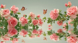 粉色玫瑰与飞舞蝴蝶美景