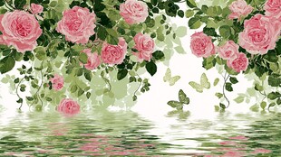 粉色玫瑰倒映于绿水间