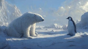 北极熊与企鹅的冰雪对视