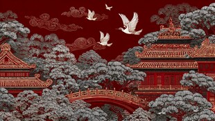 中式红墙古景飞鸟图