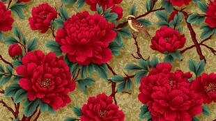 牡丹繁花间的灵动小鸟