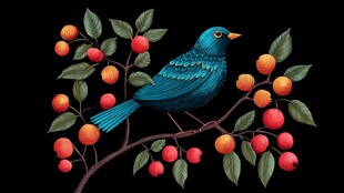 蓝鸟栖枝果实间