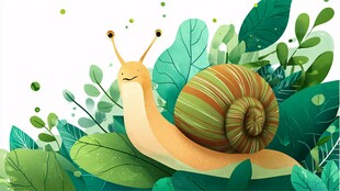 蜗牛漫步于翠绿叶片间