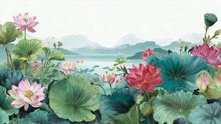 夏日荷塘盛景 清新水墨画