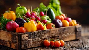 木盒里的多彩新鲜蔬菜