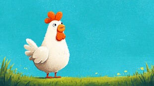 草地上的可爱卡通小母鸡