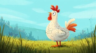 田野中站立的可爱卡通母鸡