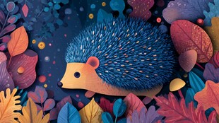 刺猬漫步在多彩秋叶间