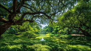 森林中的葱郁绿意与溪流