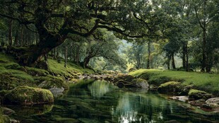 森林中的静谧溪流与古树