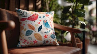 彩色花鸟图案抱枕置于椅上