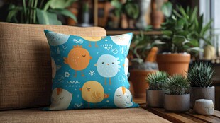 可爱卡通抱枕置于绿植旁