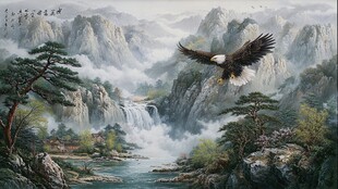 雄鹰翱翔于山水间图景