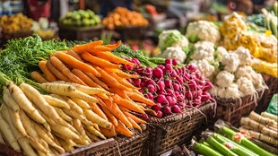 多彩新鲜蔬菜摆满摊位