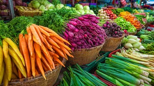 多彩蔬菜摆满新鲜摊位