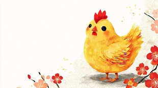 可爱小黄鸡与绽放花朵