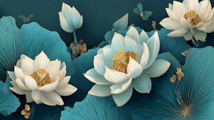 梦幻蓝调荷花与翠绿荷叶