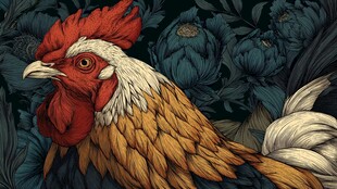 雄鸡立于繁花背景中