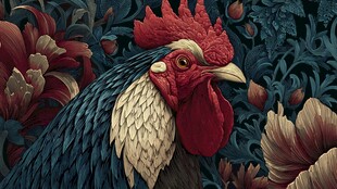 绚丽公鸡置身繁花背景