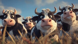 可爱卡通奶牛群的趣味画面