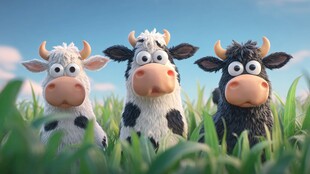 三只萌趣卡通奶牛在草地