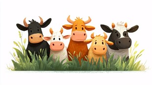 可爱小牛群站在绿茵草地