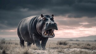 旷野中咆哮的河马