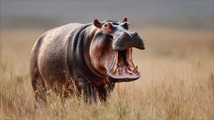 草原上张嘴吼叫的河马