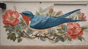 墙绘蓝鸟栖于繁花枝头