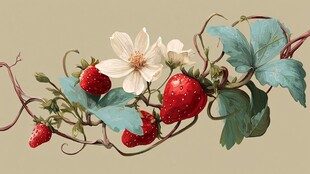 草莓花卉藤蔓精致插画