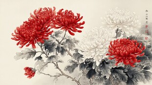 国画菊花图 红白相映成趣