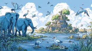 梦幻河畔的大象与飞鸟奇景