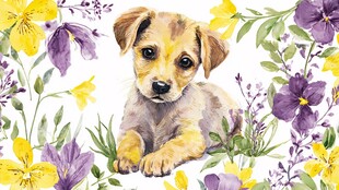 小狗卧于缤纷花丛中