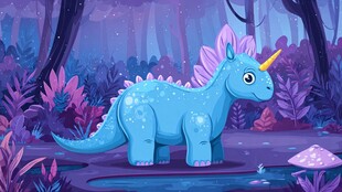梦幻森林中的蓝色独角恐龙