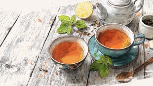 两杯热茶与清新茶具组合