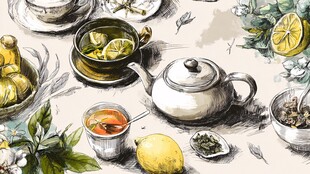 手绘清新茶具与柠檬茶饮