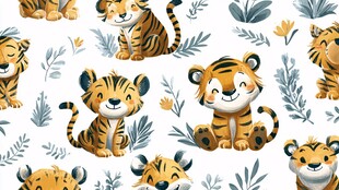 可爱小老虎与植物无缝图案