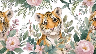 萌虎伴繁花绿植图案