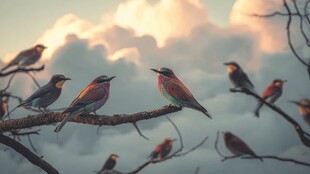 枝头群鸟赏天际霞光